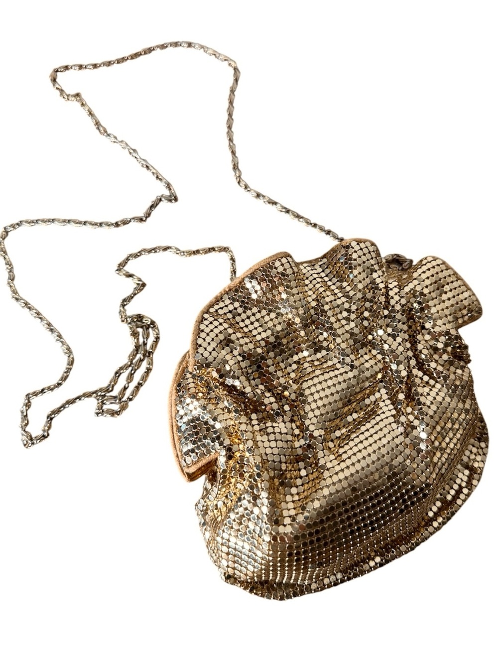 Vintage Gold Mesh Kiss Lock Crossbody Evening Bag Purse Chain Satin Lining